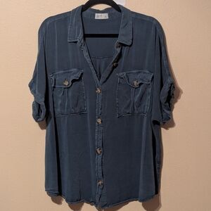 100% Rayon Blue Casual Button Down Shirt